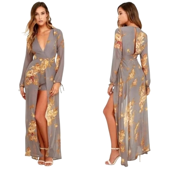 Lulus Dresses & Skirts - NWT Lulu's Taupe Floral‎ Maxi Romper Dress Size Small